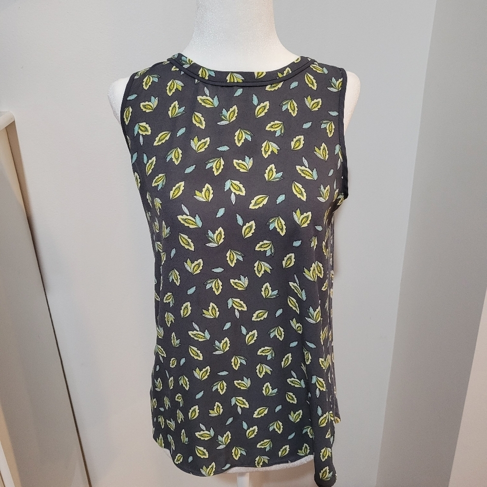 LOFT black and Yellow Floral Print Sleeveless Workwear Vacation Blouse |SP